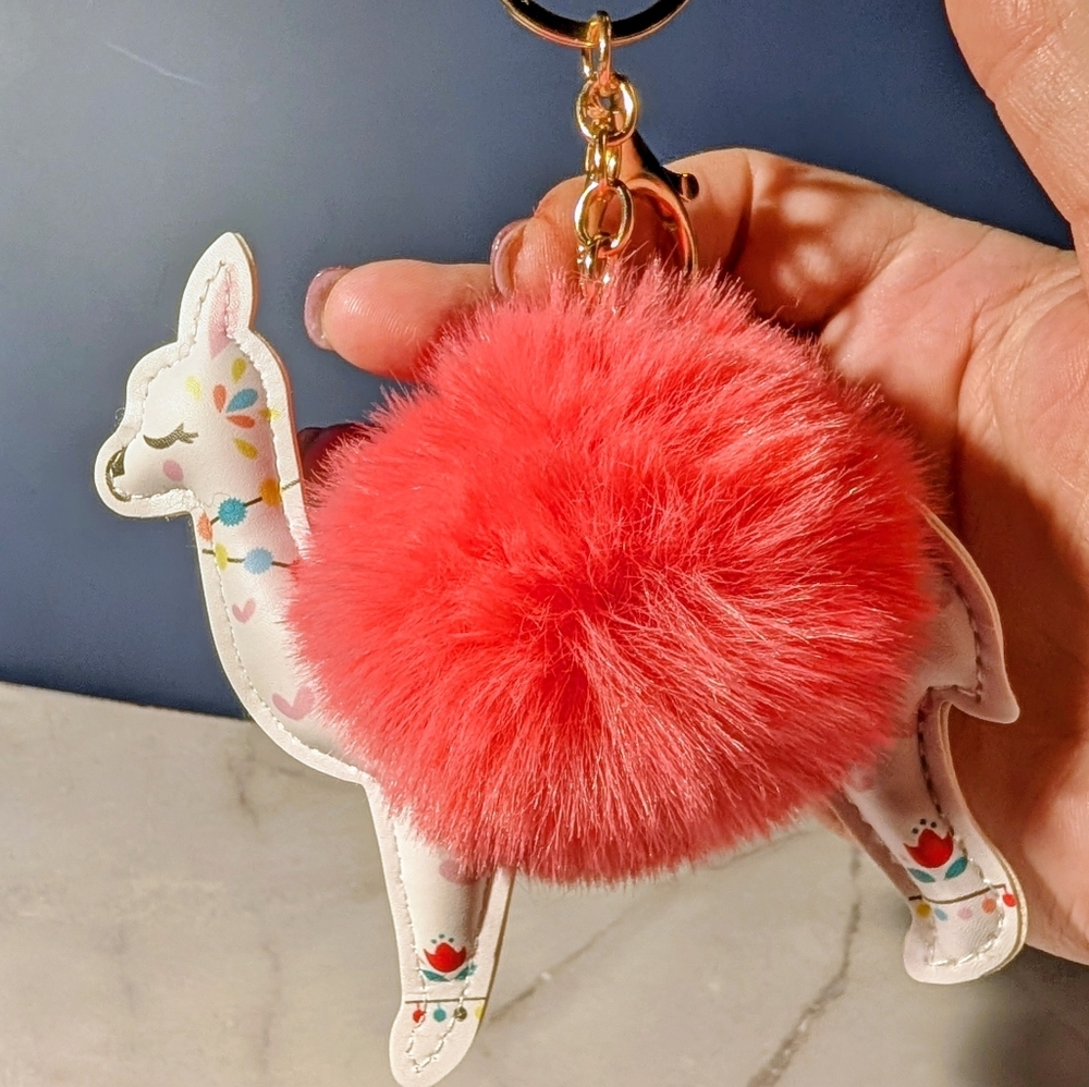 Cute Llama Bag Charm /Keychain w/ Berry Red Pom Pom Stitched Faux Leather ๐๐๐ - Picture 5 of 5